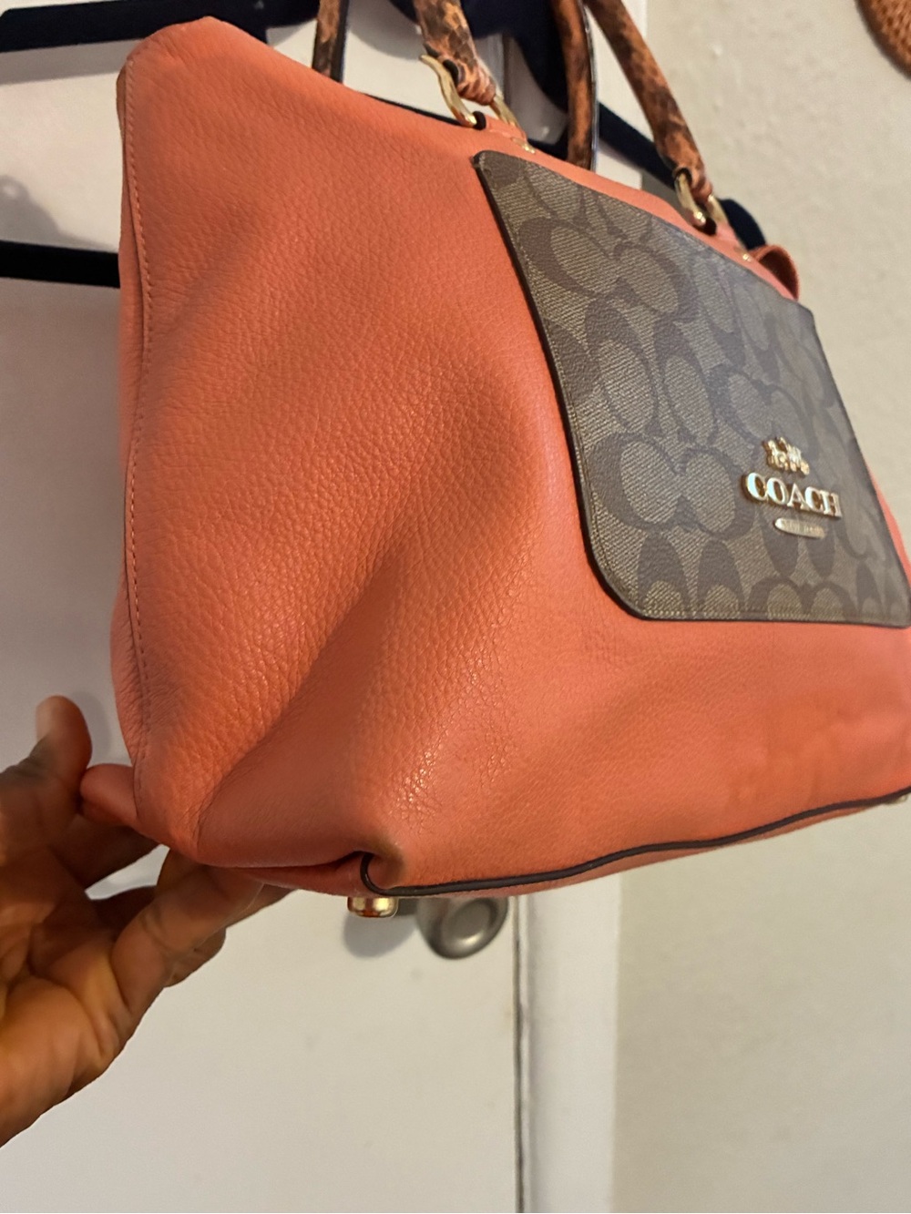 Coach Coral Pebbled Leather Tote with Signature Logo Pocket